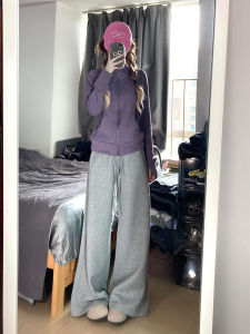 กางเกงขายาวทรงตรงหลวมๆ สีเทาสไตล์อเมริกันสำหรับผู้หญิง กางเกงขายาวทรงตรงยาวถึงพื้นสำหรับฤดูใบไม้ผลิและฤดูใบไม้ร่วง