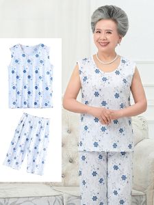 ชุดนอนผู้หญิงวัยกลางคนและผู้สูงอายุแบบสองชิ้นแขนกุดคอตตอนแท้ ทรงหลวม เอวเอวสูง ระบายอากาศได้ดี ฤดูร้อน 2018