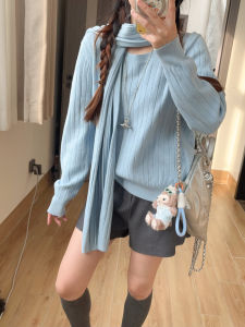 Korean Style round Neck Scarf Two-Piece Set Knitted Sweater Womens Autumn Winter Casual Long Sleeve Overhead Sweater Base Layer