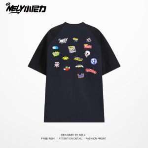 NELY American Style Short Sleeve T-Shirt Shoulder Insert Design Cool Feeling Summer Top for Men Casual Fun Print round Neck