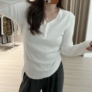 Áo Thun Dài Tay Cổ Chữ V Màu Xám Không Đều Thời Trang Thu Đông Cho Nữ Cỡ Lớn Áo Lót Ôm Vừa Vặn Thoải Mái Mặc Trong