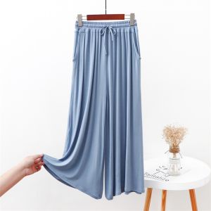Spring Summer Loose Wide Leg Pants Drawstring Elastic Waist Pockets Pure Color Long Womens Trousers Straight Drape Effect