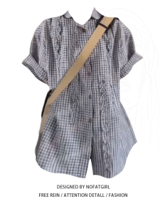 Loose Womens Summer Shirt Bubble Cloth Short Sleeve Plaid Ruffle Hem Korean Retro Style plus Size Inner Wear Casual Top