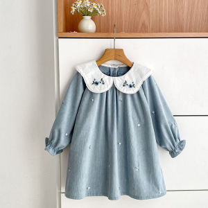 ชุดเดรสเจ้าหญิงน้อยสำหรับเด็กผู้หญิง ลายปักโบว์ สีเบจ 0-6 ปี ชุดเดรสแขนยาวสำหรับเด็กทารก เสื้อผ้าเด็กผู้หญิง ชุดเด็ก