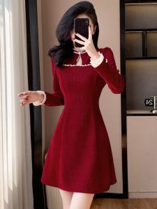 New Chinese Style Engagement Dress Slim Looking Fall and Winter New Arrival Small Corduroy Improved Cheongsam Dress Red Evening Dress