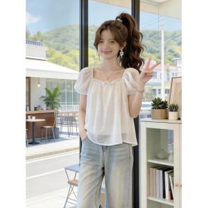 AIYITI | White Square Neck Short Sleeve Chiffon Blouse