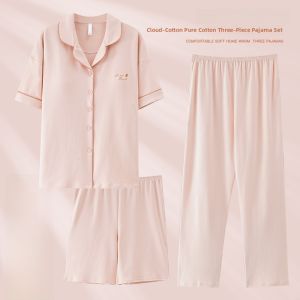MiiOW | Pure Cotton Sleepwear Set Womens Summer Short Sleeve With Chest Pad Shorts Pants Three-piece Large Size Home Clothes Set