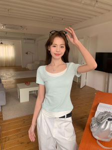 Light Green Splice Short Sleeve T-Shirt Womens Summer Slim Fit Design Trendy Top Commute Korean Style Creative Pattern