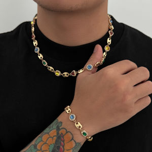 Salircon Trendy Exquisite Luxury Rhinestone Choker Necklace Bracelet Set for Men New Elegant Colorful Charm Necklace Y2K Jewelry