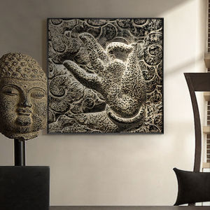 New Chinese Style Zen Decorative Painting Buddha Hand Corridor Tea Room Background Wall Square Artwork Metal Framed Oil Canvas