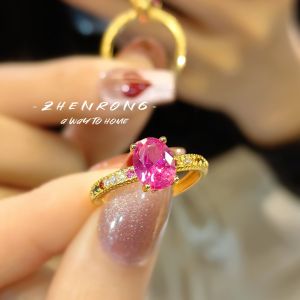 Hot Pink Diamond Ring Vintage French Mid-Century Red Corundum Index Finger Womens Fashion Jewelry Alloy Embedded Artificial Gem