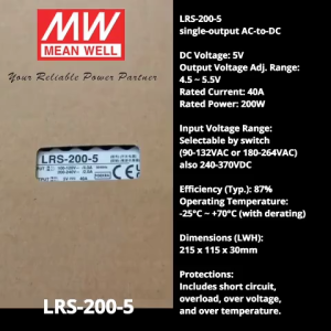 Mean Well LRS-200-5 5V dc 40A 200W Enclosed Embedded Switch Mode Meanwell Power Supply  - Original - 1 Year Warranty