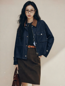 FAMANXUAN | Áo Khoác Denim Xanh Suede Màu Sắc Thời Trang cho Phụ Nữ Nhỏ Gọn