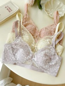 French Lace Crystal Cup Bra Large Size Appears Small for Young Women Summer Thin Comfortable Wire-free Bra with Rabbit Ears