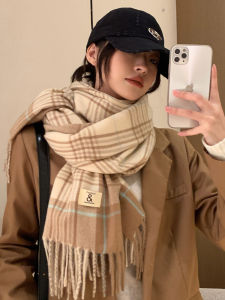 New Arrival Color Matching Plaid Scarf Womens Winter Thickened Cashmere Shawl Dual-Use Student Knitting Heattech Scarf Easiest for Match