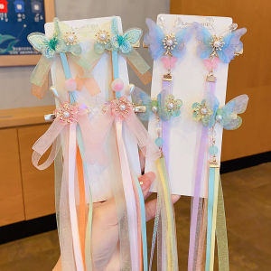 Princess Style Childrens Traditional Chinese Costume Hair Accessories Baby Girls Flowing Sash Butterfly Knot Hair Clip