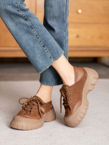 Spring Autumn Vintage Leather Shoelace Womens Flat Shoes Comfortable Thick Bottom Casual round Toe Fashionable Ugly Cute