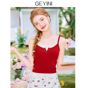 Áo Ba Lỗ Dệt Kim Màu Đỏ Kiểu Pháp Cho Nữ Áo Lót Bên Trong Mùa Thu Thiết Kế Giả Hai Mảnh Áo Ba Lỗ Hở Lưng Áo Ba Lỗ Thường Ngày