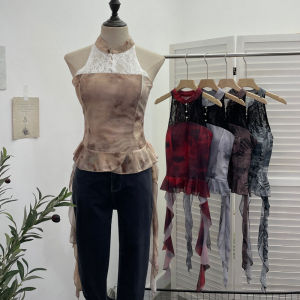 New Chinese Style Lace Splice Dyed Shirt without Sleeves Mesh Top with Chest Pad Buttoned Blouse Half High Collar Elastic Fiber