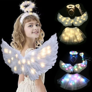 Kids Girls LED Light Up Angel Feather Wings Glow Halo Ring Headband Flash Fairy Wands Costume Props for Halloween Party