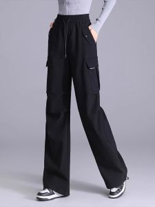 Black Casual Sports Pants Straight Leg Workwear Trousers for Women Autumn Early Season Fleece Loose Fit Straight Leg Pants