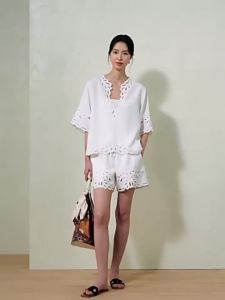 SUSHE | Island Vacation Style Hollow Embroidery Loose Top and Elastic Waist Shorts Set Summer