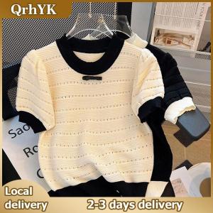 🔥🔥🔥QrhYK Summer Sweet Hollow Out Knitted T-shirt Women Contrast Color Round Neck Short Sleeve Crop Top