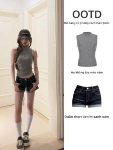 ZUKUN | Bộ Quần Short Jeans Thấp và Áo Không Tay Màu Xanh