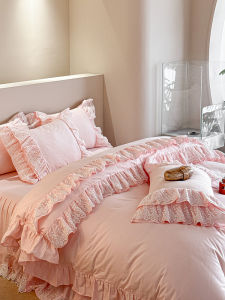 French Style Pure Cotton 100 Pink Luxury Princess Bedding Set with Lace Trimmed Quilt Cover And Bed Skirt Four Piece Suite