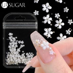UR SUGAR White Acrylic Flower Nail Art Decoration Mixed Size Rhinestones Gold Silver Gem polish Tool Accessories DIY Nails Design