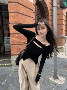 Slim Fit Long Sleeve Knitted Shoulder Bared Womens Top Hollow out Design Casual Style Autumn Fashion by Chen Mi Fan