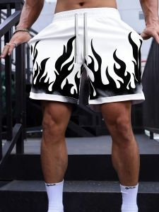 Summer mens comfortable breathable shorts with flame print pattern suitable for outdoor leisure travel wear