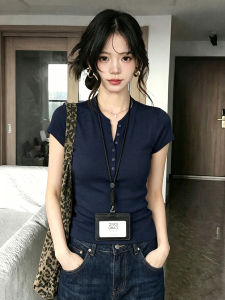 DUOFEIYAN | Elegant Dark Blue Half-open Collar Knit Short Sleeve T-Shirt
