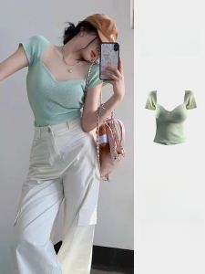 Áo Thun Dệt Kim Cổ Vuông Tay Ngắn Mùa Hè Cho Nữ Dáng Ôm Vừa Vặn Thiết Kế Eo Gợi Cảm Phong Cách Hàn Quốc Thường Ngày