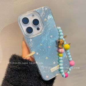 Cute Sea Blue Star Phone Case with Chain for Apple Huawei Oppo Honor Vivo Xiaomi 15 iPhone 16 pro Max 15 pro New 13 Female Mate 70 P70