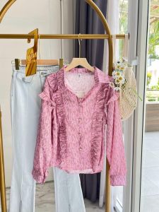 ●ECLAIRE● 043 Kemeja Ruffle Pink Lengan Panjang Longsleeves Korea Kantor Kasual Mode Yourena Import Premium