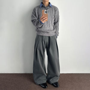 MKCLOT American Retro Money Style Drapey Striped A-Line Wide Leg Casual Pants Men Women Commute Loose Fit Long Trousers