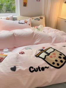 INS Young Adult Heart Pink Ice Cream Towel Embroidery Washed Cotton Duvet Cover Single Piece Non-Cotton Quilt Cover 150 X200x230
