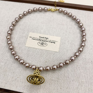 Retro Saturn Champagne Gold Pearl Necklace Women Luxury Sensation Sweater Chain Sweet Cool Niche Neck Chain Fashion Jewelry