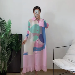 KESHANGYI Womens Pleated Shirt Dress Abstract Print Long Sleeve Button Down Flowy Midi Dress with Fringe Hem Casual Summer Outfit 7002