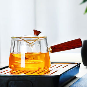 Heat Resistant Borosilicate Glass Teapot With Side Wooden Handle And Tea Strainer