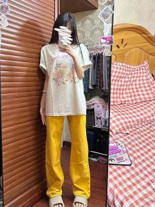 กางเกงยีนส์ขากว้างทรงตรงปักลายสไตล์ย้อนยุคอเมริกันสำหรับผู้หญิง 2024 กางเกงขายาวเอวสูงทรงสลิมฟิตสำหรับฤดูใบไม้ผลิและฤดูใบไม้ร่วง