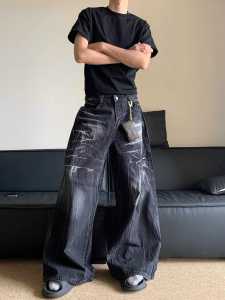 Retro American Cleanfit Washed Lightning Pattern Jeans Loose Straight Wide Leg Pants for Men And Women Youth Casual Denim