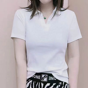 White Pure Cotton Slim Fit Polo Neck Short Sleeve T-Shirt Women Summer V-Neck Turn-down Collar Basic Solid Color Versatile Top