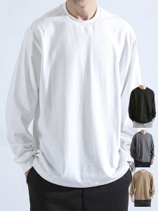 ROMON | Romon Mens White Long Sleeve Sweatshirt Spring Autumn New Style Heavyweight Solid Color Base Layer Shirt Trendy T-shirt Top