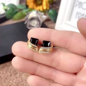 Huitan Unique Square Black Stone Stud Earrings for Women Special-interested Ear Accessories Daily Wear Party Statement Jewelry