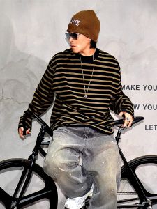 Oversize Loose Fit Long Sleeve Pure Cotton Striped T-Shirt Mens Fashion Casual round Neck Tee Comfortable Breathable Streetwear