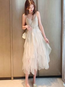 French Niche Dress Knitting V Neck Backless Stitching Asymmetrical Layers of Mesh Cake Dress Internet Celebrity Suspender Skirt