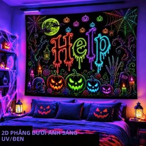 VIKAMA Neon Halloween Tấm Thảm Bí Ngô Đầu Lâu Thiết Kế Mạng Nhện Polyester Treo Tường Cho Phòng Ngủ Ma Quái Ký Túc Xá Trang Trí Nhà Cửa