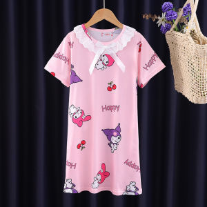 Girls Summer Short Sleeve Dress Thin Childrens Dress Cartoon Sleepwear Air Conditioning Outfit Wearable Home Korean Style